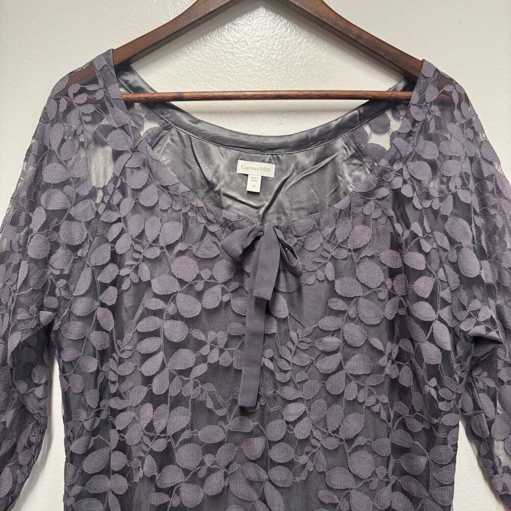 Garnet Hill Boheme Easy Sheer Lace Dress Leaf Botanical Sz12 Gray Elegant Church - Picture 4 of 11
